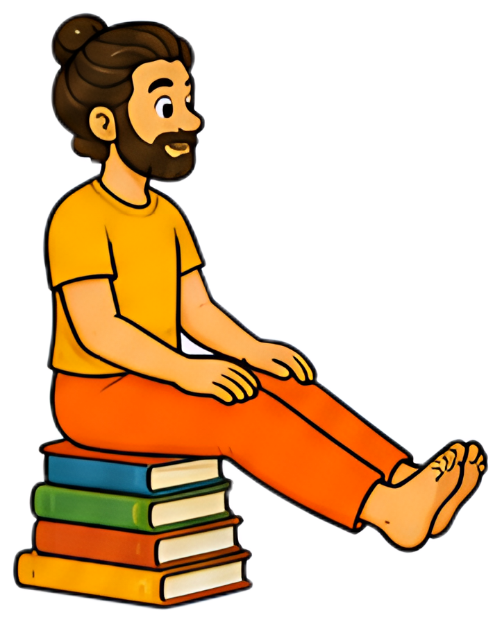 A young man with a beard and a bun sits atop a stack of colorful books, wearing a bright yellow shirt and orange pants. His hands rest on his knees, and his feet are bare as he stretches his legs out.