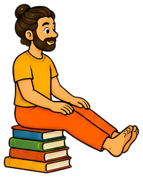 A young man with a beard and a bun sits atop a stack of colorful books, wearing a bright yellow shirt and orange pants. His hands rest on his knees, and his feet are bare as he stretches his legs out.