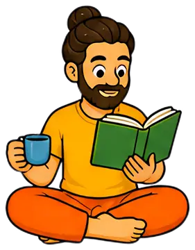 A sitting librarian in a lotus pose, holding a blue tea cup in one hand and a green book in the other. He is wearing an orange outfit and has a stylish bun, with a joyful expression as he reads. The背景