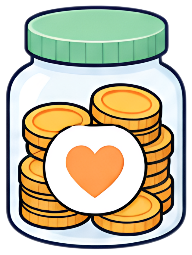 A transparent jar filled with stacks of orange coins, topped with a green lid. The jar features a white sticker in the center with a heart design in orange. The overall style is bright and cheerful, a