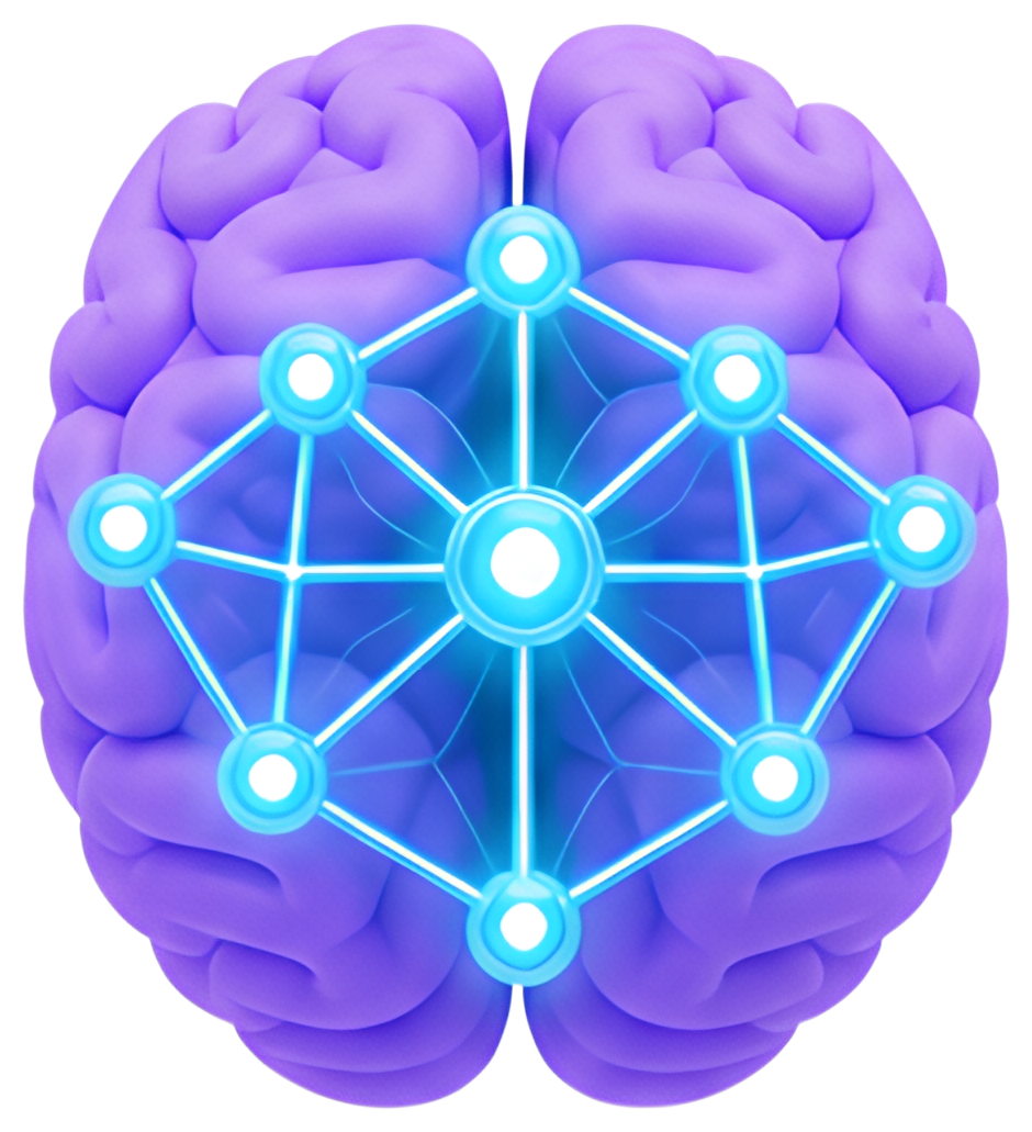 A stylized 3D brain in purple featuring a holographic network of glowing nodes in blue and white. The design emphasizes the connectivity represented by pulsating nodes.