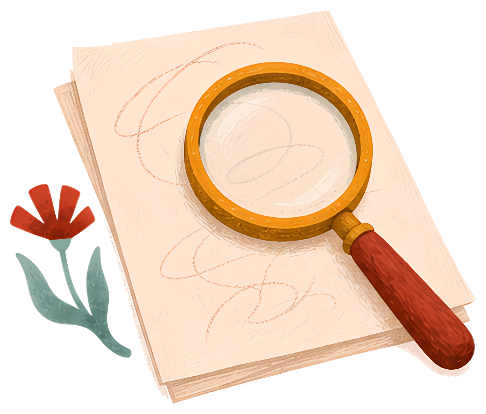 A magnifying glass sits atop a blank sheet of paper featuring light pencil sketches, accompanied by a stylized red flower. The paper has subtle lines and textures, highlighting the artistic theme of a