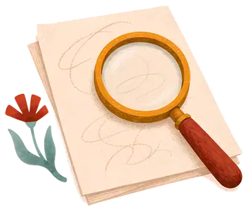 A magnifying glass sits atop a blank sheet of paper featuring light pencil sketches, accompanied by a stylized red flower. The paper has subtle lines and textures, highlighting the artistic theme of a