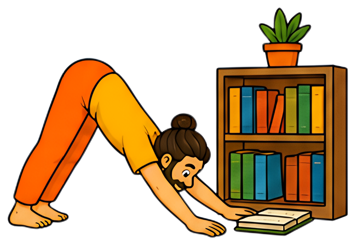 A yogi in an orange outfit performs a downward dog pose while stretching towards a stack of books on a lower shelf. A small green plant sits atop the colorful bookshelf, adding a vibrant touch to the,