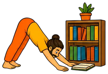A yogi in an orange outfit performs a downward dog pose while stretching towards a stack of books on a lower shelf. A small green plant sits atop the colorful bookshelf, adding a vibrant touch to the,