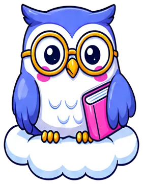 Fluffy owl bot with glasses and a book