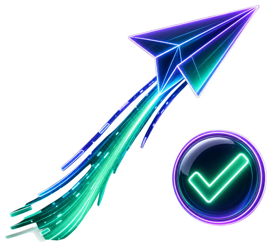 Neon Paper Plane Launching with Checkmark