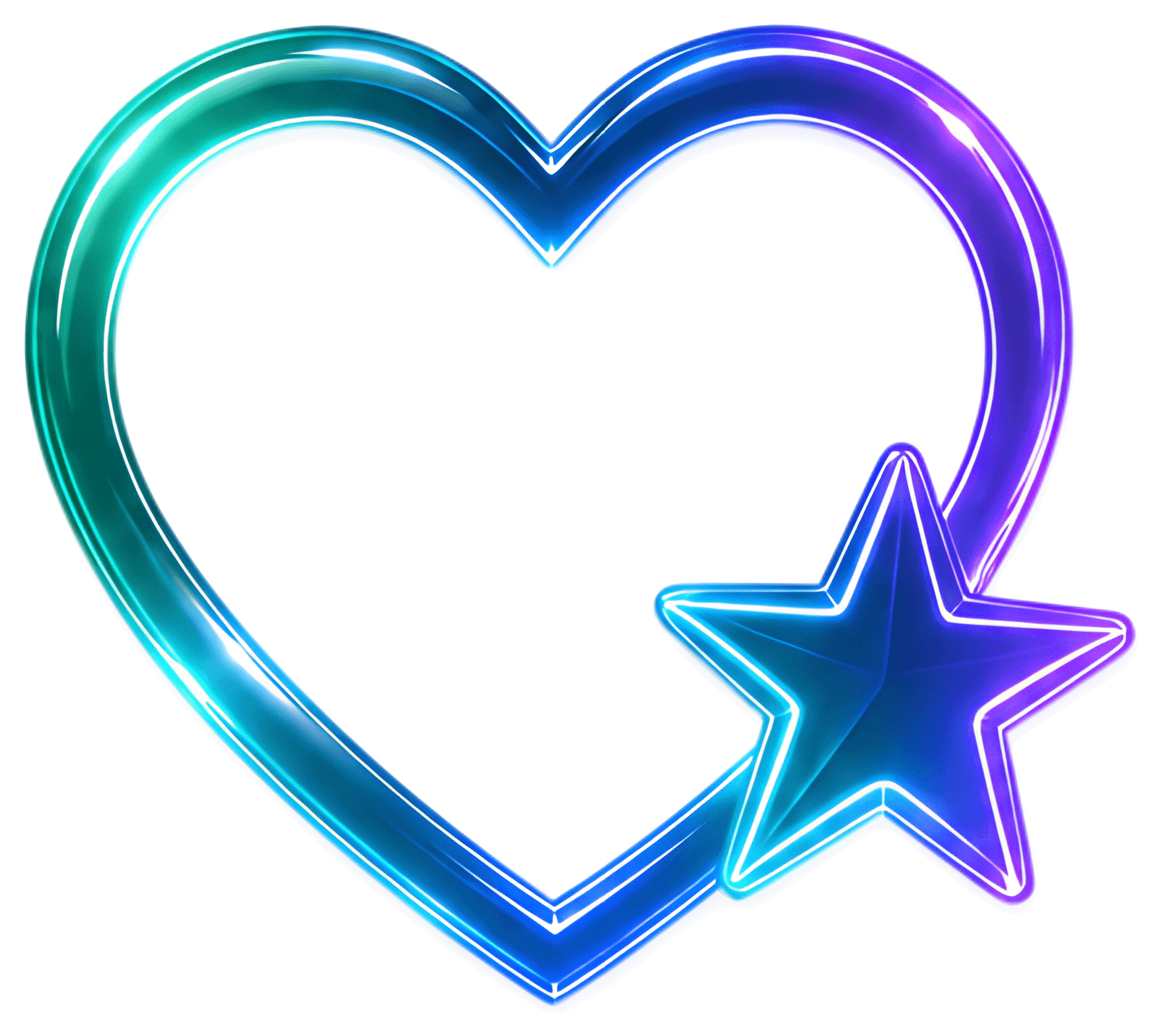 A vibrant, stylized heart shape with a star positioned nearby, featuring shades of teal, blue, and purple in a glossy design. The heart appears luminous, suggesting a digital or neon aesthetic, set on