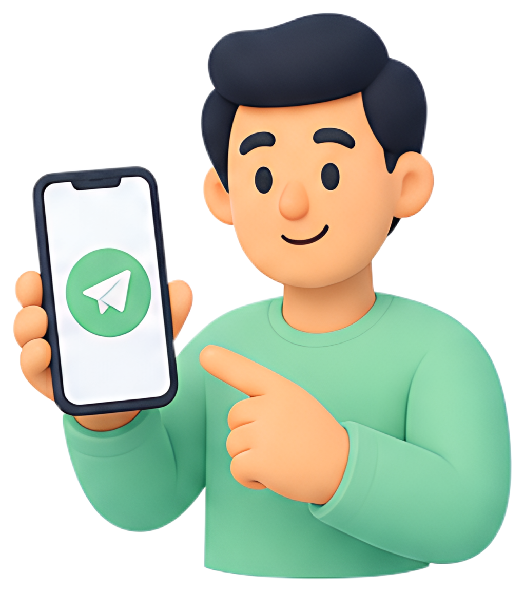 A stylized character with a warm smile holds a smartphone displaying a green message icon. The character points at the phone, showcasing an engaging expression and wearing a mint green long-sleeve top