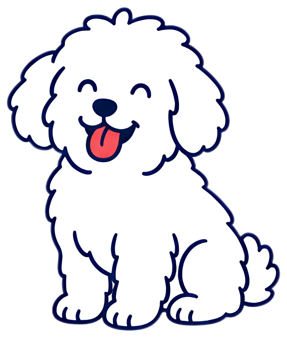 A small fluffy white dog sits happily with its tongue sticking out, exuding a playful demeanor. The dog has a cartoonish style, with bold outlines emphasizing its cheerful expression and wavy fur.