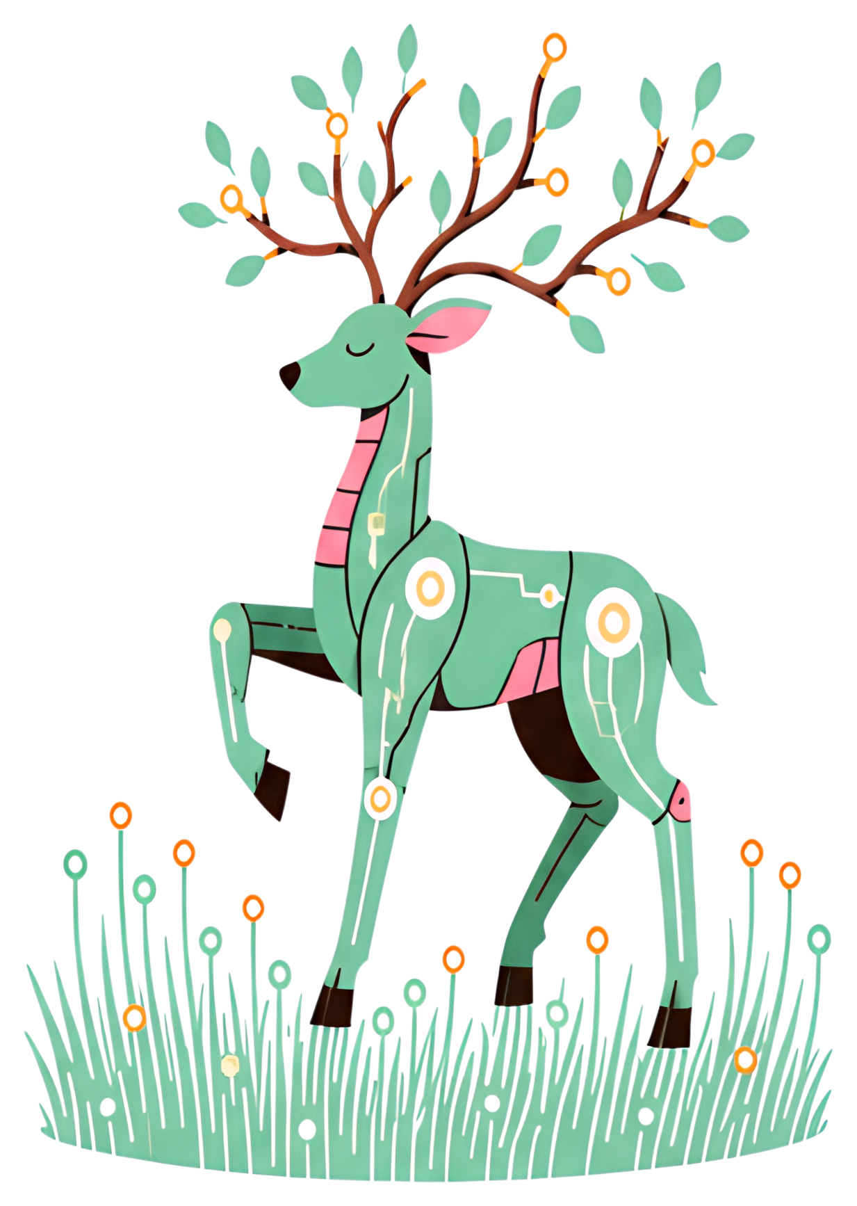 A robotic deer stands gracefully in a meadow, its antlers resembling tree branches adorned with leaves. The deer features a sleek design with teal and pink elements, while the grass glows with vibrant