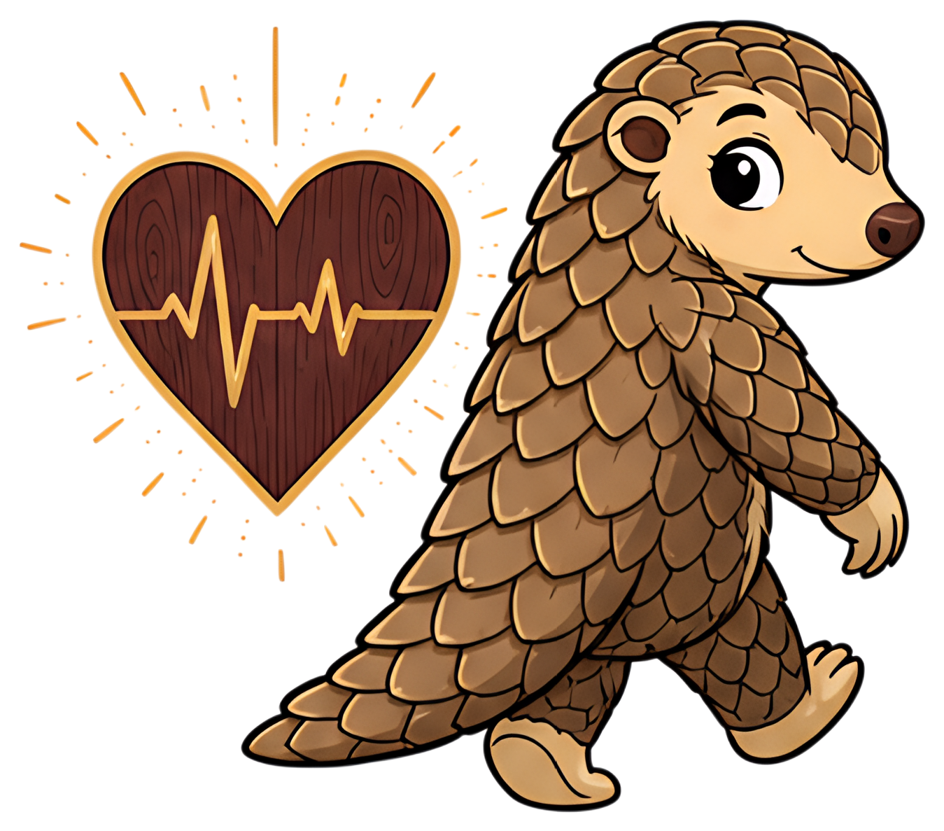 A charming pangolin character with soft beige-brown scales walks away down a dark hallway, glancing back with a wistful smile. Behind her, a glowing wooden heart pulses softly against a warm cream and