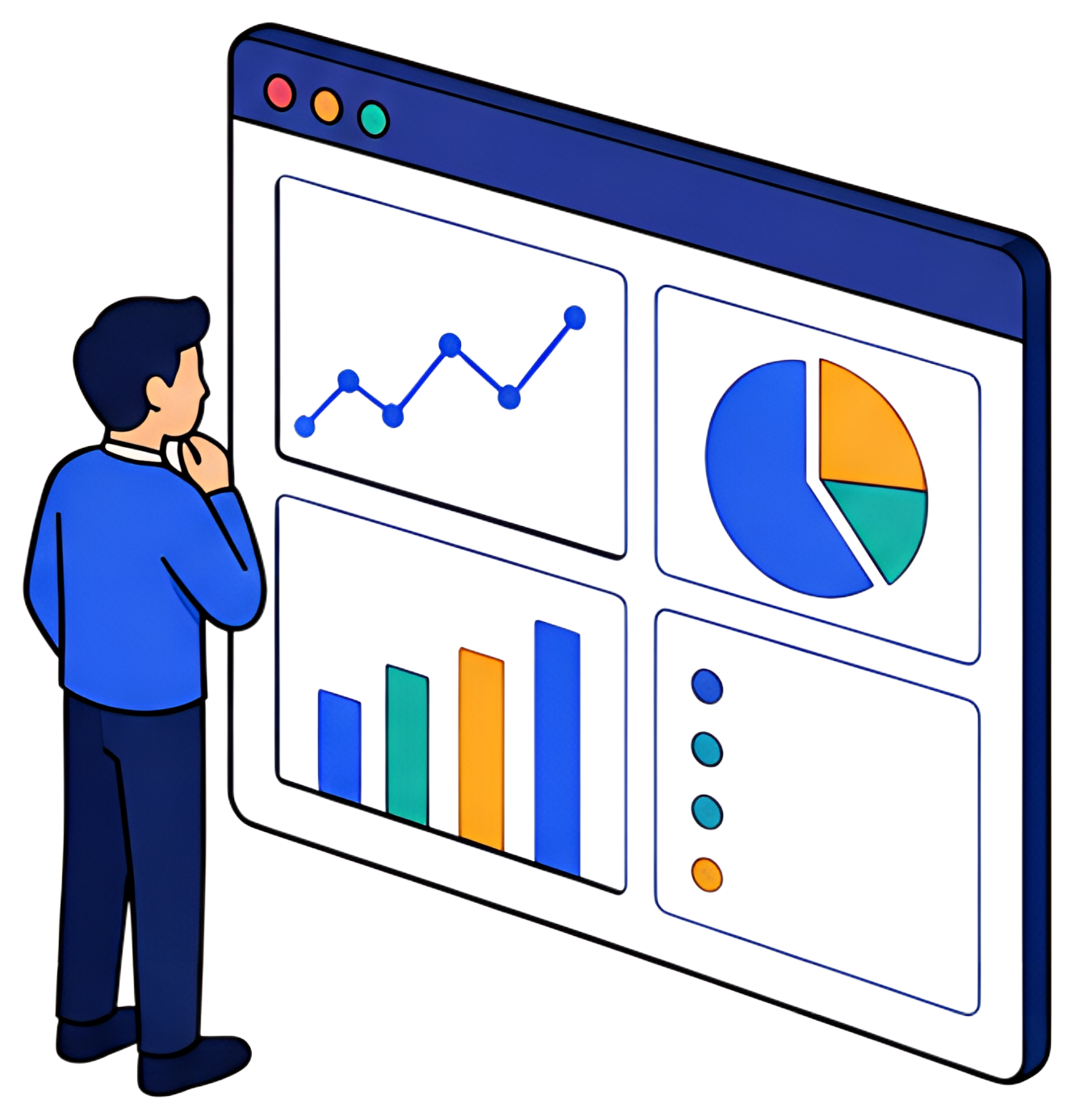 A male analyst stands thoughtfully in front of a colorful dashboard filled with various data visualizations including line graphs and pie charts. The interface features bars in teal, orange, and blue,