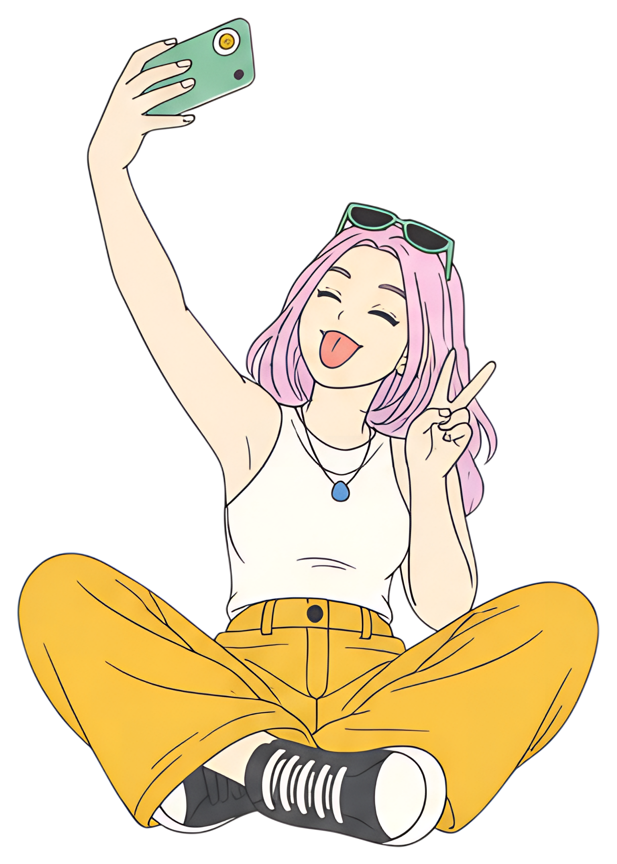 A girl with pink hair sits cross-legged, holding her phone up for a selfie with her tongue sticking out playfully. She wears a white tank top and bright yellow pants, complemented by green sunglasses,