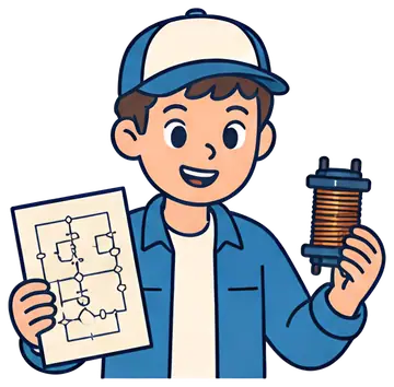 A young radio amateur wearing a blue cap smiles while holding a schematic in one hand and a coil in the other. The schematic features a variety of electronic symbols on a light background, with the co
