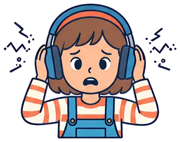 A worried girl wearing large blue headphones, with a striped red and white shirt, appears to be listening to hiss and static. Her expression shows concern as sound waves illustrated by jagged lines em
