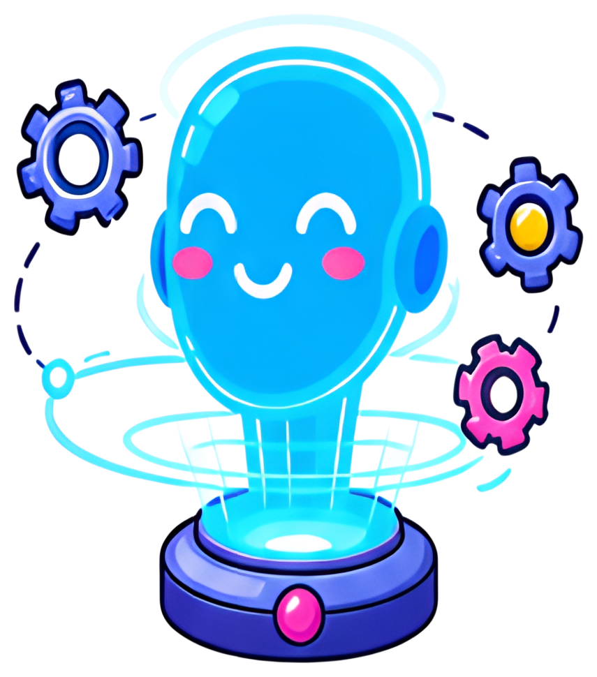A cheerful blue holographic head with a smiling face is centered on a pedestal, surrounded by rotating gear icons in pink, yellow, and blue. The design features a glossy finish, adding a vibrant, tech