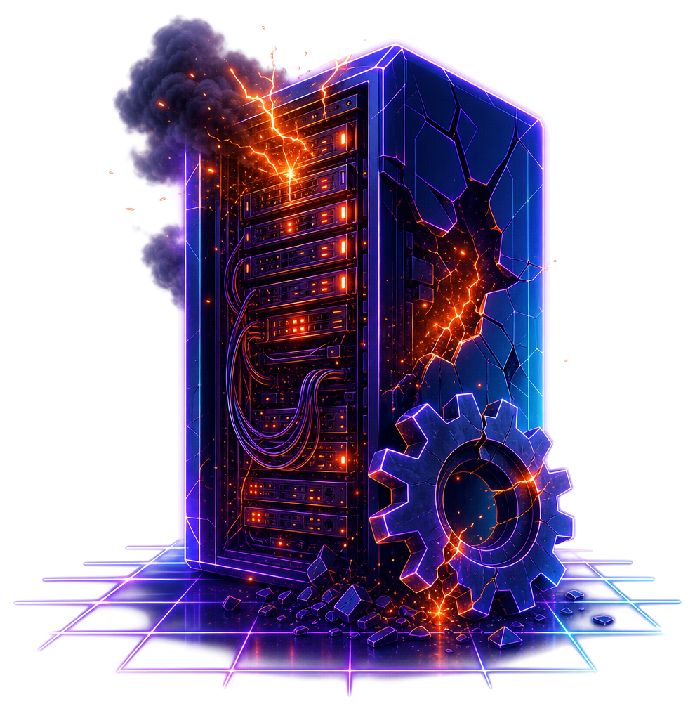 A vibrant illustration of a server rack engulfed in flames and smoke, showcasing a burst of orange and red glows. The rack's broken machinery features a large broken gear, with sparks and glowing blue