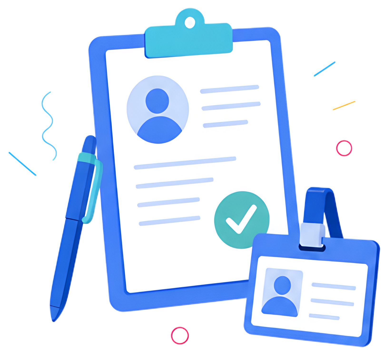 A medical card on a clipboard features a green checkmark, accompanied by a blue pen and an ID badge. The design is vibrant with shades of blue and teal, emphasizing completion and organization.