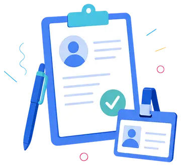 A medical card on a clipboard features a green checkmark, accompanied by a blue pen and an ID badge. The design is vibrant with shades of blue and teal, emphasizing completion and organization.