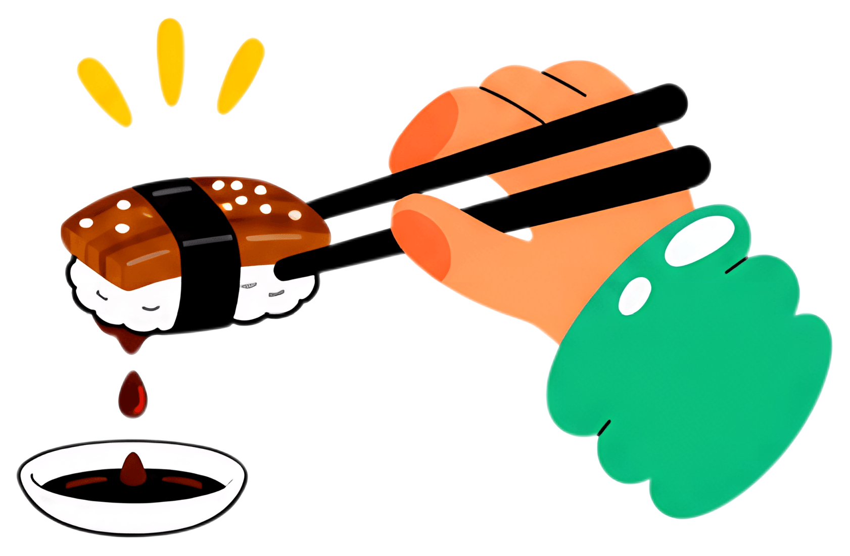 A hand with a green sleeve uses chopsticks to lift a piece of sushi with eel from a bowl of soy sauce. The sushi features a glossy finish with sesame seeds on top, while a drop of sauce is poised to d