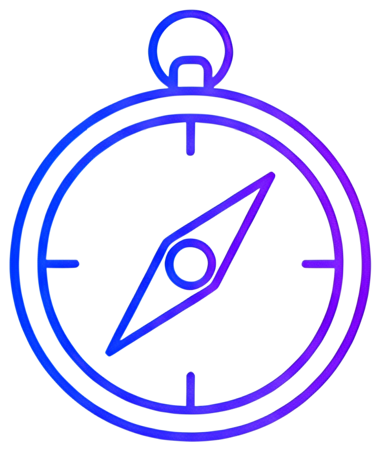 A stylized compass design featuring a circular case with a prominent compass needle. The color gradient transitions from purple to blue, creating a modern and vibrant look, with white highlights for a