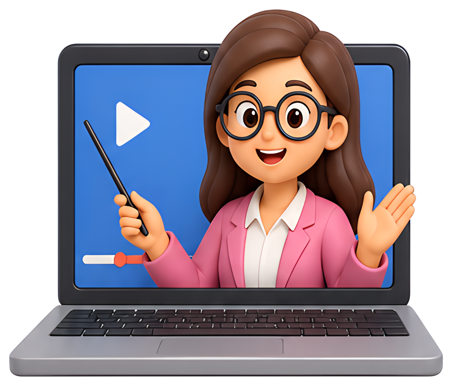 A friendly teacher is shown on a laptop screen, holding a pointer and smiling while gesturing. She wears glasses and a pink blazer, with a blue background behind her that includes a play button and a