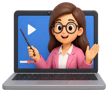 A friendly teacher is shown on a laptop screen, holding a pointer and smiling while gesturing. She wears glasses and a pink blazer, with a blue background behind her that includes a play button and a 