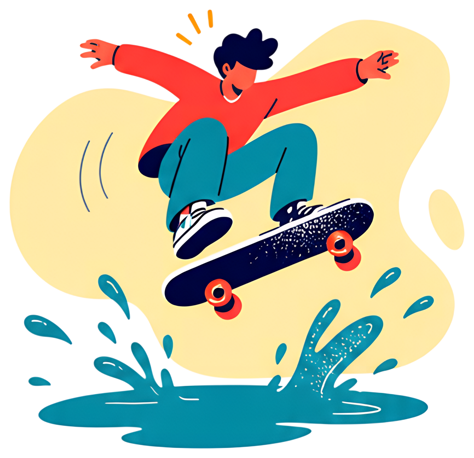A skateboarder performs an ollie above a puddle, creating a splash below. The skater wears a red shirt and teal pants, while vibrant colors emphasize the motion and water splashes around the board.