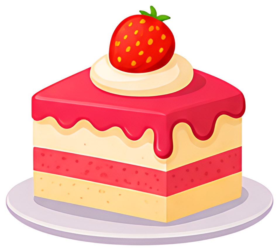 A vibrant slice of strawberry cake, featuring layers of pink and cream frosting topped with a fresh strawberry and a dollop of whipped cream. The cake sits on a light gray plate with smooth edges, and