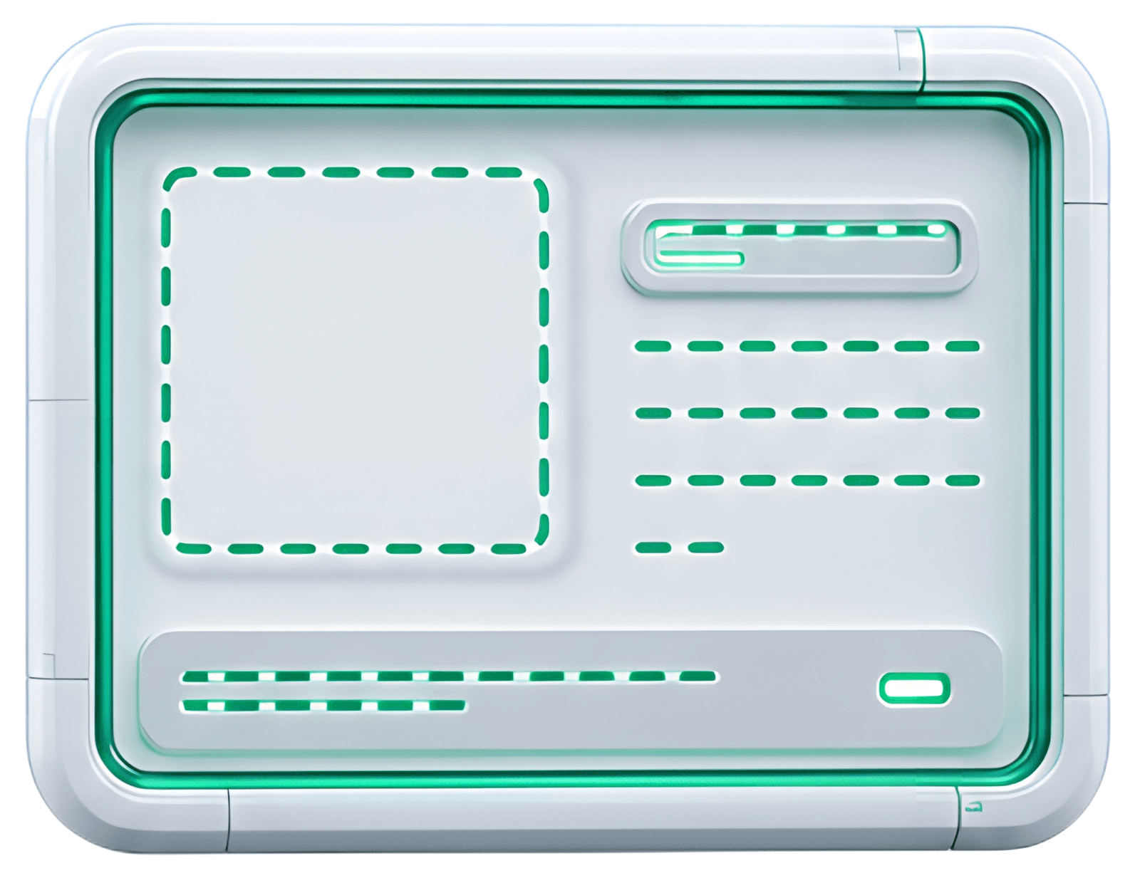 A minimalist empty listing card featuring dotted borders and a clean, modern design. The card is adorned with neon emerald accents, highlighting its fields and maintaining a bright, inviting aesthetic