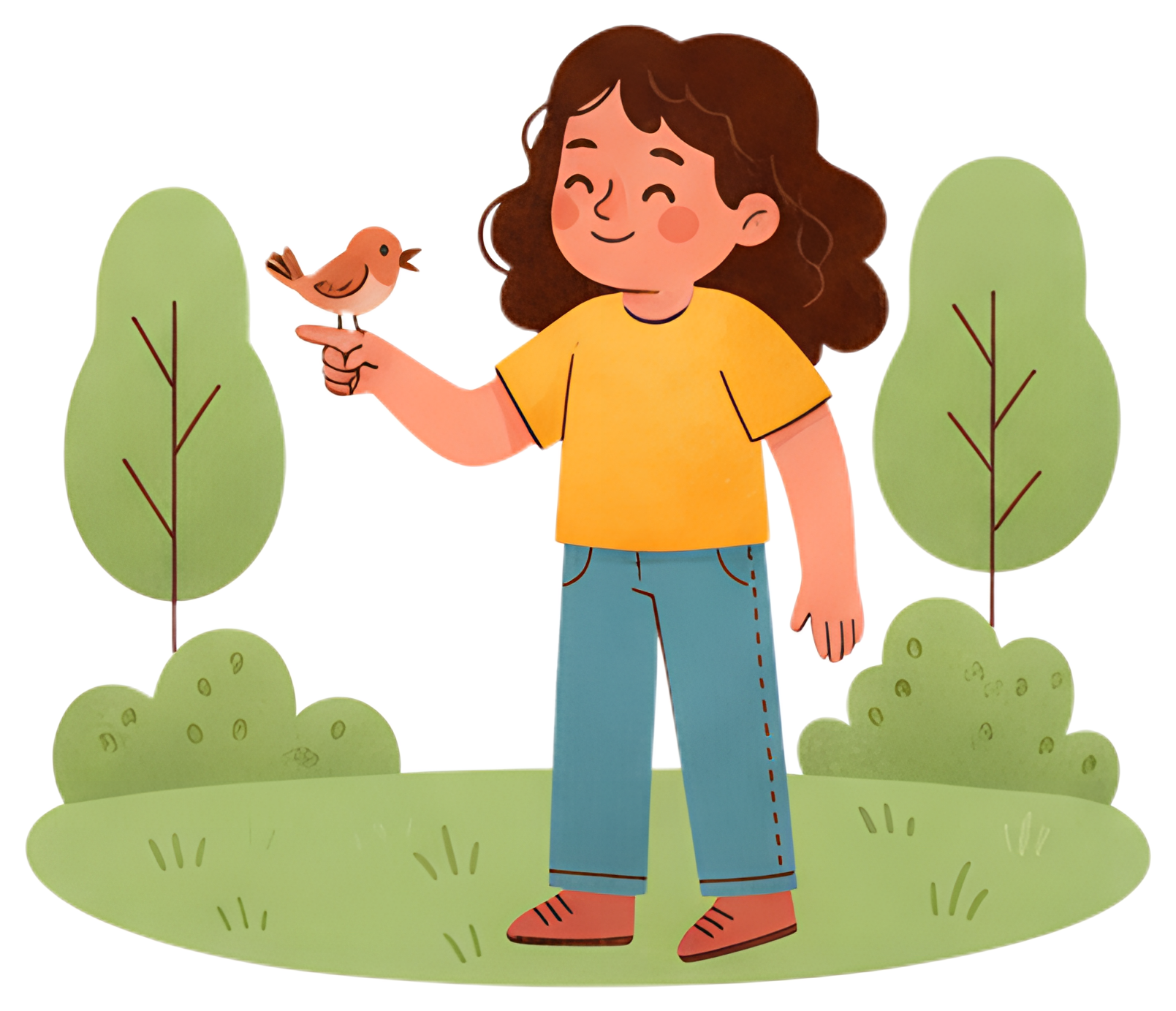A cheerful girl with curly hair is feeding a small bird from her hand while standing in a park. She wears a bright yellow shirt and blue jeans, surrounded by green bushes and trees, creating a lively,