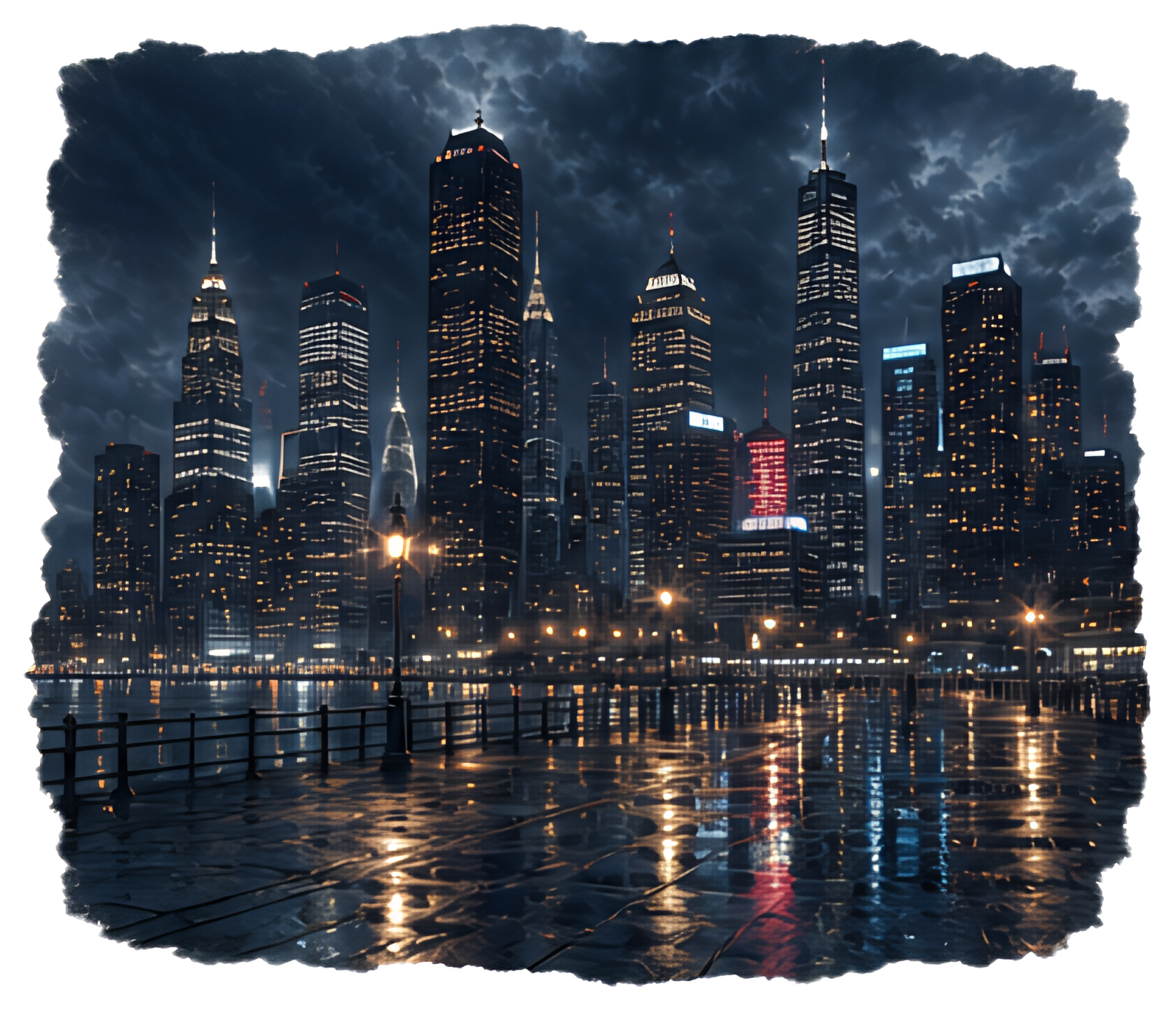 The illustration depicts a bustling city skyline at night, showcasing the silhouettes of skyscrapers against a dark blue sky. Thousands of lights from windows and neon signs illuminate the scene, with