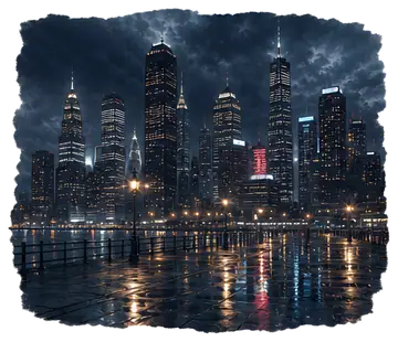 The illustration depicts a bustling city skyline at night, showcasing the silhouettes of skyscrapers against a dark blue sky. Thousands of lights from windows and neon signs illuminate the scene, with