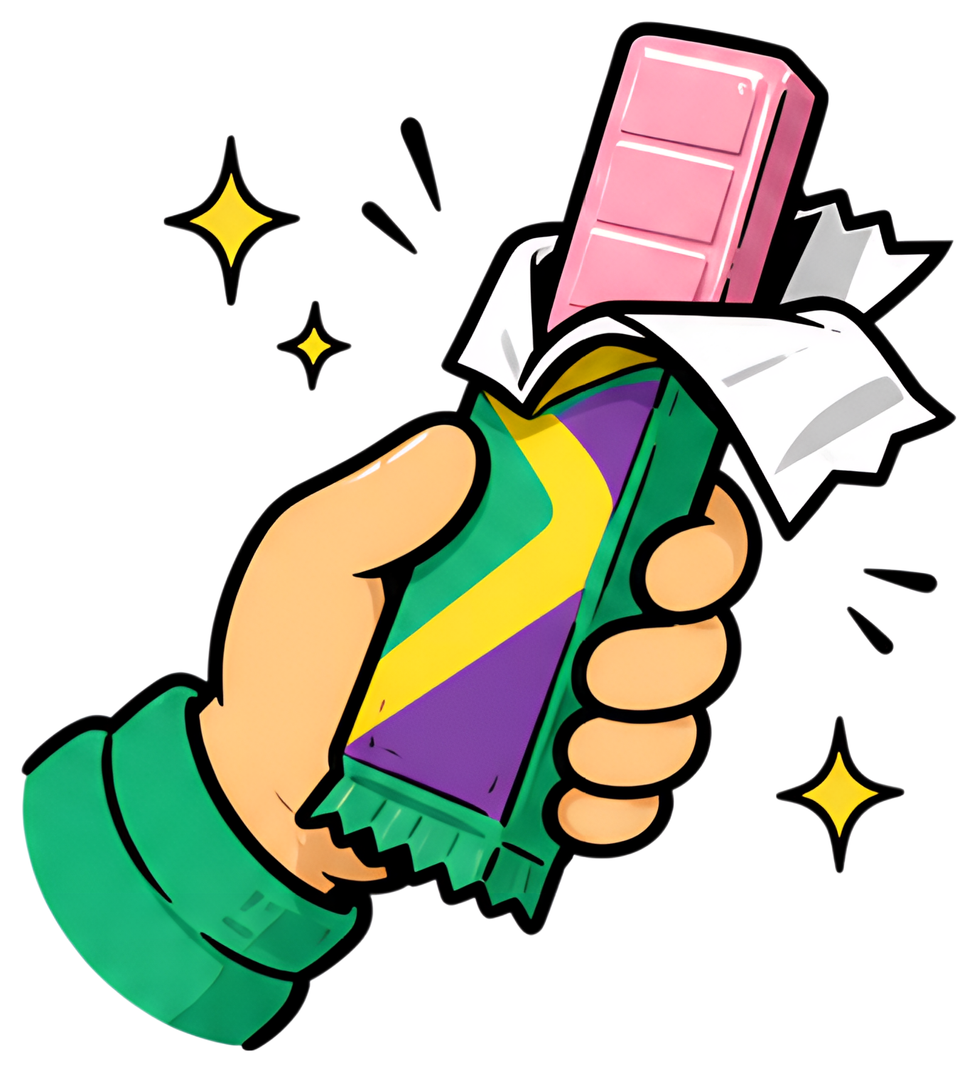 A hand grips a colorful stick of gum with a vibrant wrapper that is partially peeled back, revealing a pink sugary treat inside. The scene is highlighted with sparkling effects, giving an energetic, z