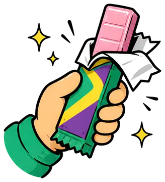 A hand grips a colorful stick of gum with a vibrant wrapper that is partially peeled back, revealing a pink sugary treat inside. The scene is highlighted with sparkling effects, giving an energetic, z
