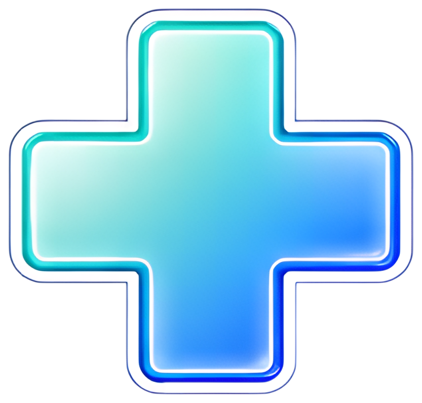 A glossy, three-dimensional medical cross symbol featuring a gradient from teal to blue. It has a smooth finish and a glowing outline, emphasizing its significance as a healthcare symbol.
