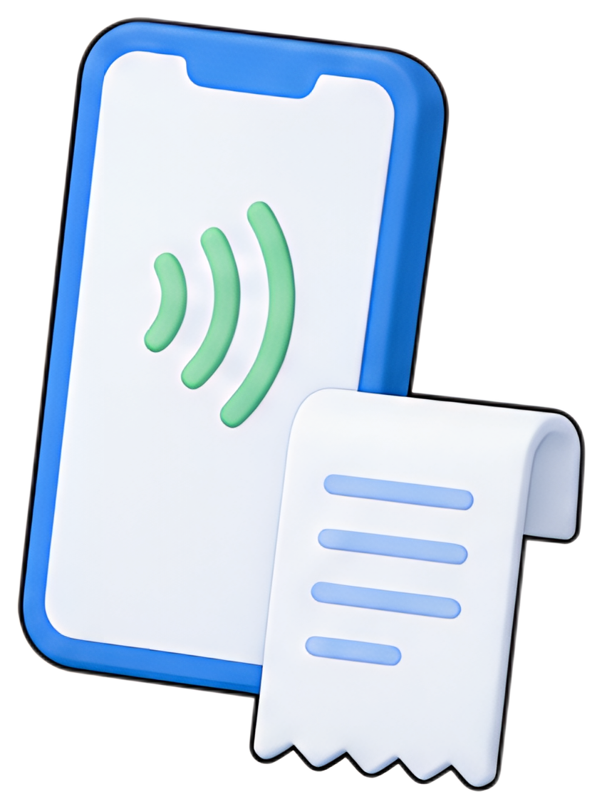 A smartphone featuring a stylized NFC icon in green, next to a bank receipt with horizontal blue lines. The smartphone has a white screen framed by a blue outline, while the receipt is primarily white
