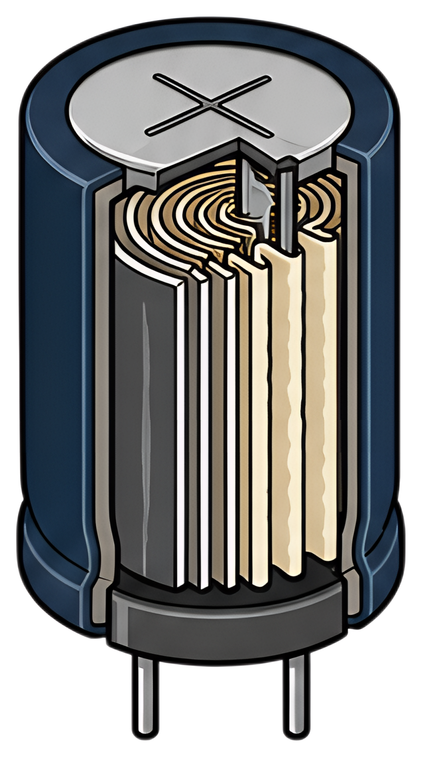 An electrolytic capacitor depicted with its layered internal structure visible, showcasing alternating layers of materials. The capacitor has a dark blue exterior and prominent metallic top, with a Ne