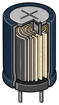 An electrolytic capacitor depicted with its layered internal structure visible, showcasing alternating layers of materials. The capacitor has a dark blue exterior and prominent metallic top, with a Ne