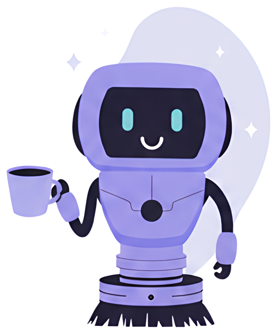 A playful robot character holds a coffee cup with a smiling face. The robot is primarily purple with black accents and light blue eyes, set against a subtle starry background that enhances its upbeat,