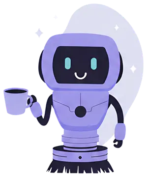 Cheerful robot assistant with coffee cup