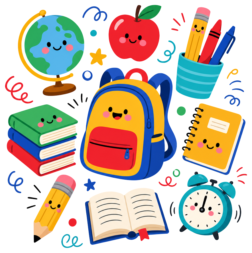 A vibrant collection of school-themed icons including a smiling backpack, colorful books, an apple, and various stationery items like pencils and an alarm clock, all featuring cheerful faces and a fun
