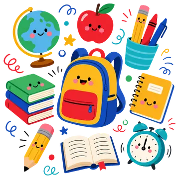 A vibrant collection of school-themed icons including a smiling backpack, colorful books, an apple, and various stationery items like pencils and an alarm clock, all featuring cheerful faces and a fun