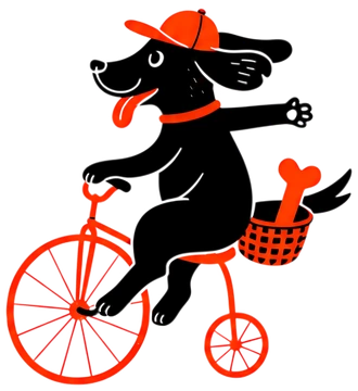 A cheerful black dog with its tongue out is riding a bicycle, wearing a bright orange cap. A small basket is attached to the back of the bike, holding a bone, adding to the playful scene.
