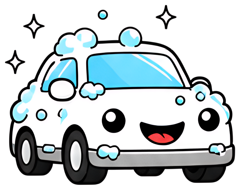 A happy white car with a big smile is adorned with soapy bubbles and shiny clean spots. The bright blue highlights contrast with the car's cheerful expression and playful design.