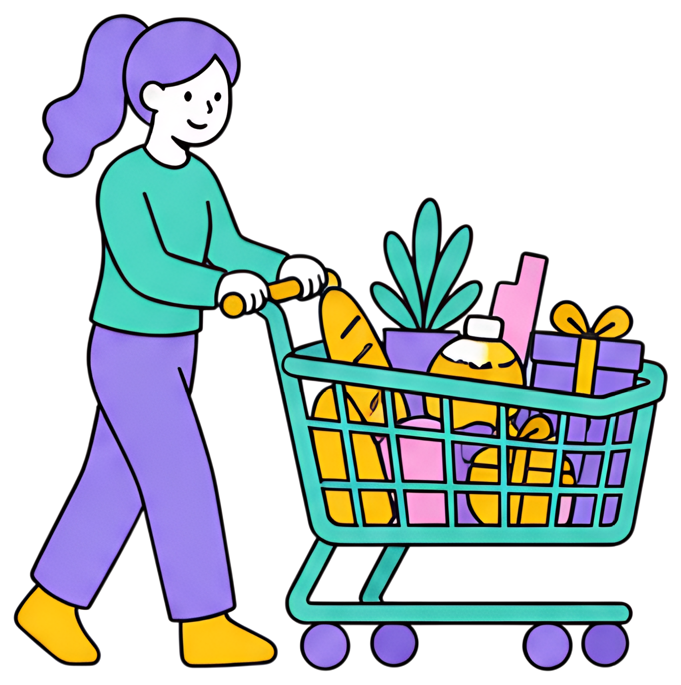 A cheerful shopper with purple hair wearing a teal sweater and purple pants is pushing a shopping cart filled with various groceries and gifts. The cart contains items like a baguette, a bottle, and a