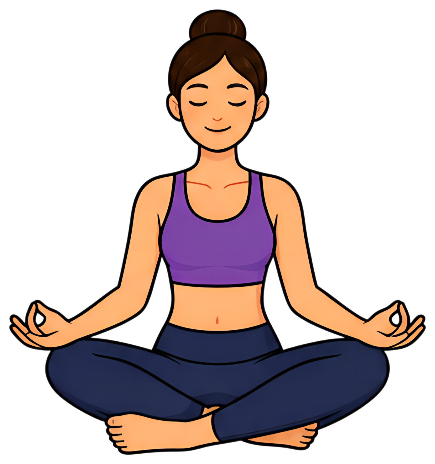 A woman sits cross-legged in a meditation pose, eyes closed and hands in a mudra gesture. She wears a purple tank top and blue leggings, conveying a sense of calm and tranquility against a transparent