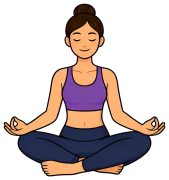 A woman sits cross-legged in a meditation pose, eyes closed and hands in a mudra gesture. She wears a purple tank top and blue leggings, conveying a sense of calm and tranquility against a transparent