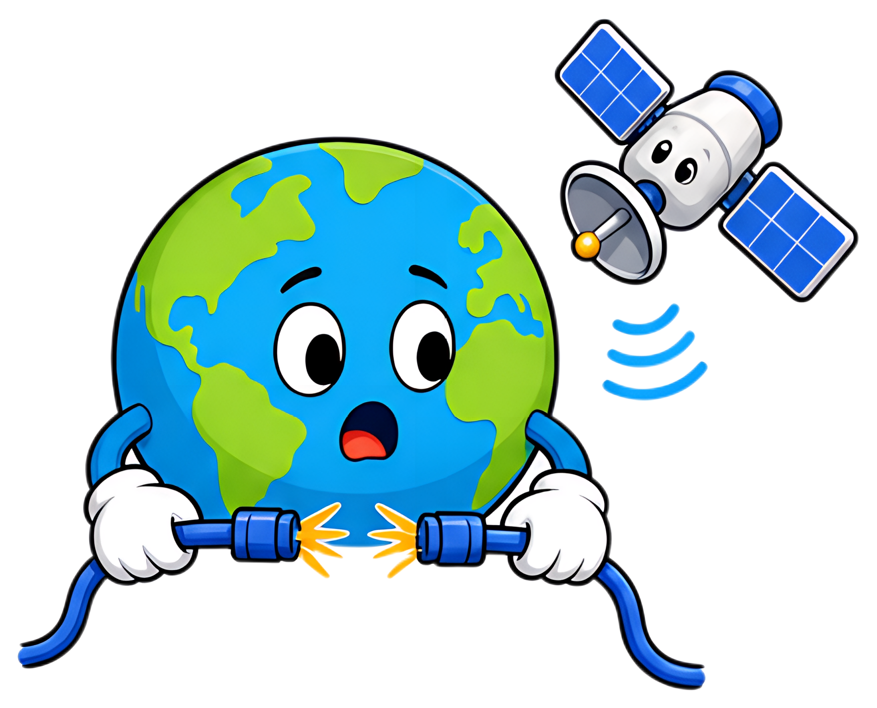 A cartoon Earth character with a surprised expression is holding a broken internet cable. Above, a satellite observes the scene curiously while waves indicate a transmission. The colors are bright and